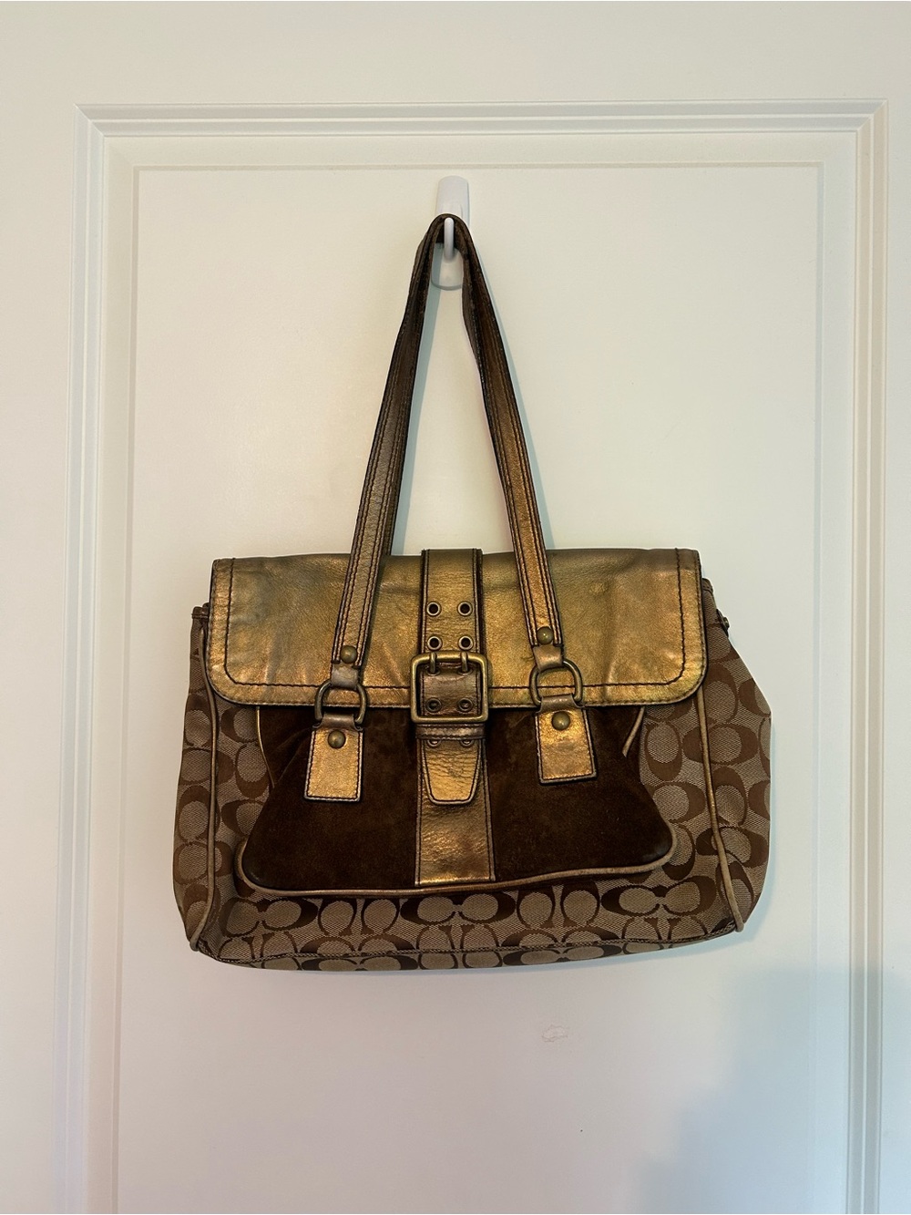 Vintage Soho Coach Metallic Bronze and Brown Signature Shoulder Bag